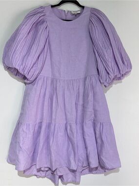 SEA New York Lilac Puff Sleeve Tiered Mini Dress Linen Blend